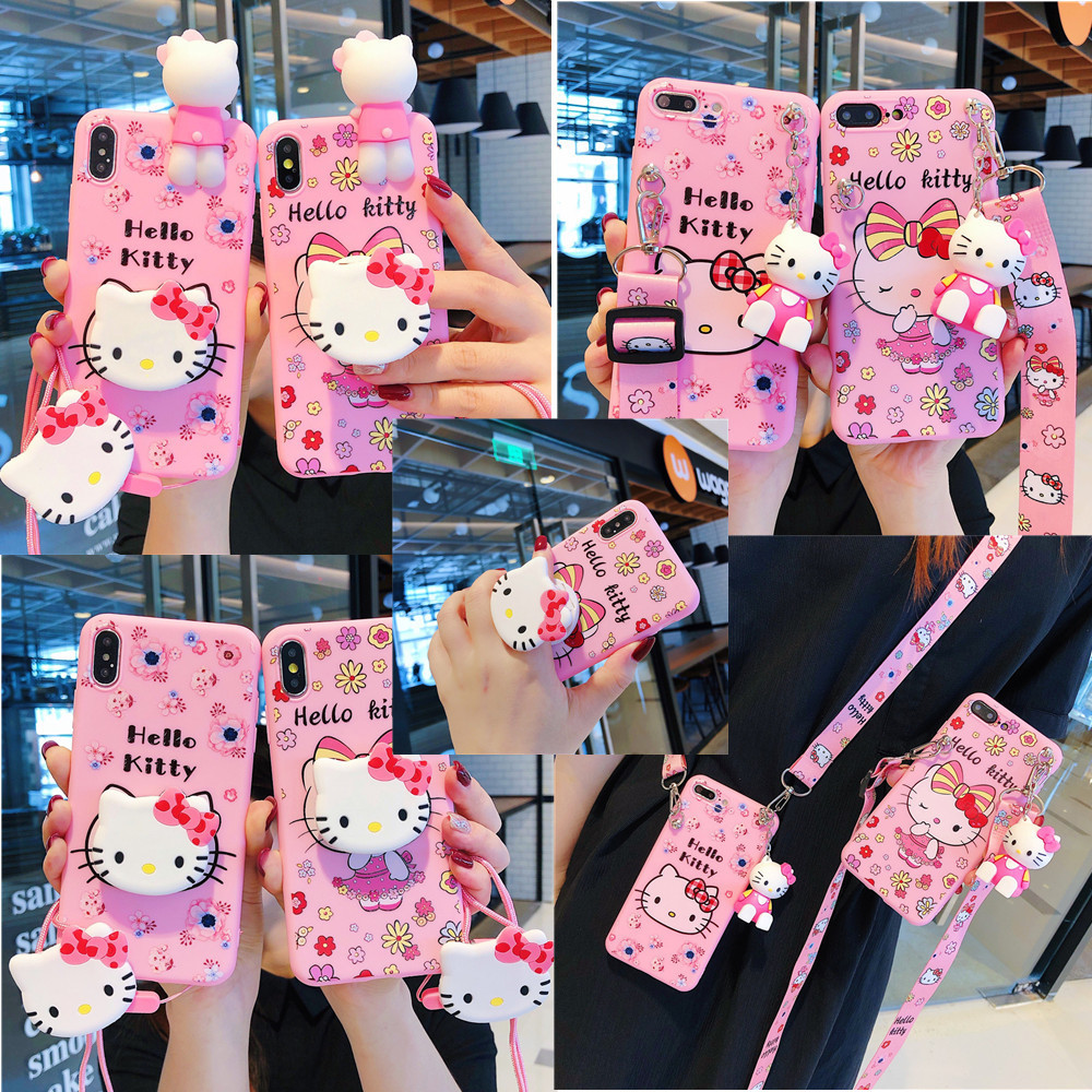軟矽膠手機殼 iPhone 6 6s 7 8 Plus XR 外殼卡通可愛 Hello Kitty 手機保護套支架支架腕