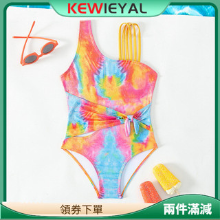 Kewiey 女童泳裝紮染圖案腰帶單肩設計泳衣夏季戶外夏季泳衣