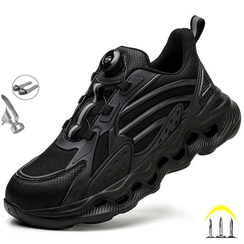 新款 2023 安全鞋男士旋轉鈕扣設計工作鞋透氣防穿刺防護鞋防滑工作運動鞋 BFE8