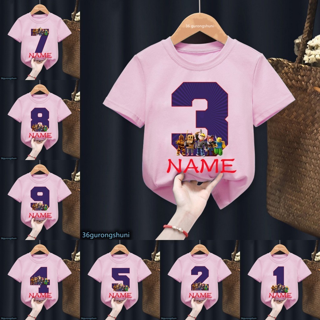 女孩衣服粉色 Roblox T 恤熱銷遊戲卡通印花生日快樂禮物 1-9 號定制你的名字兒童 T 恤禮物衣服短袖上衣
