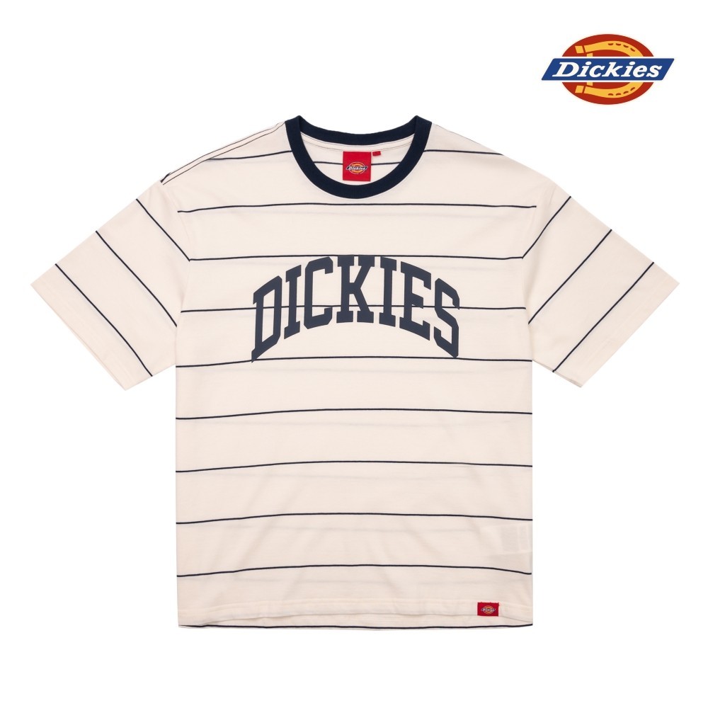 Dickies男女款奶油色條紋純棉胸前弧型Logo寬鬆短袖T恤|DK0A87DBC10