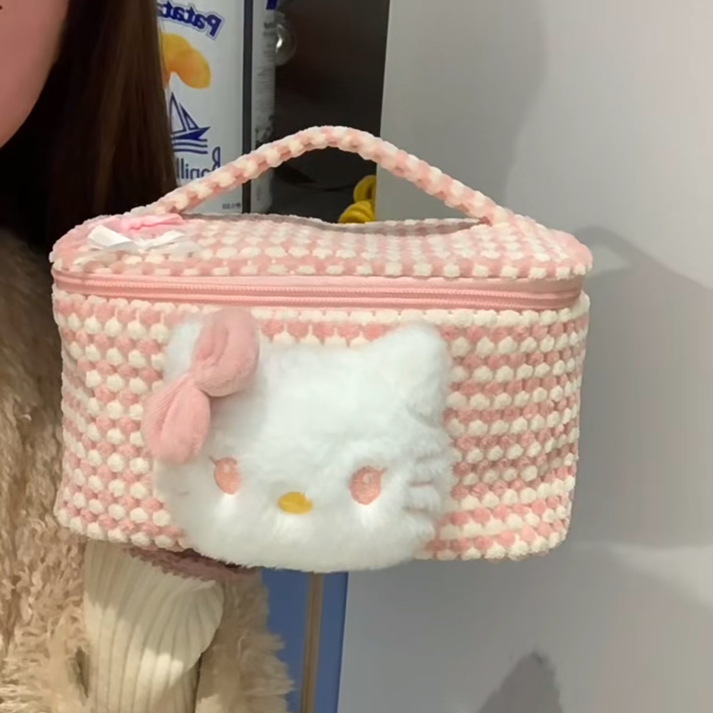 原創自製可愛溫柔哈嘍kitty化妝包收納包小香風千鳥格KT貓手提包