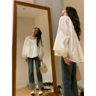 法式復古方領泡泡袖襯衫女秋季2025年新款白色寬鬆高級感長袖上衣美美女裝衣櫥