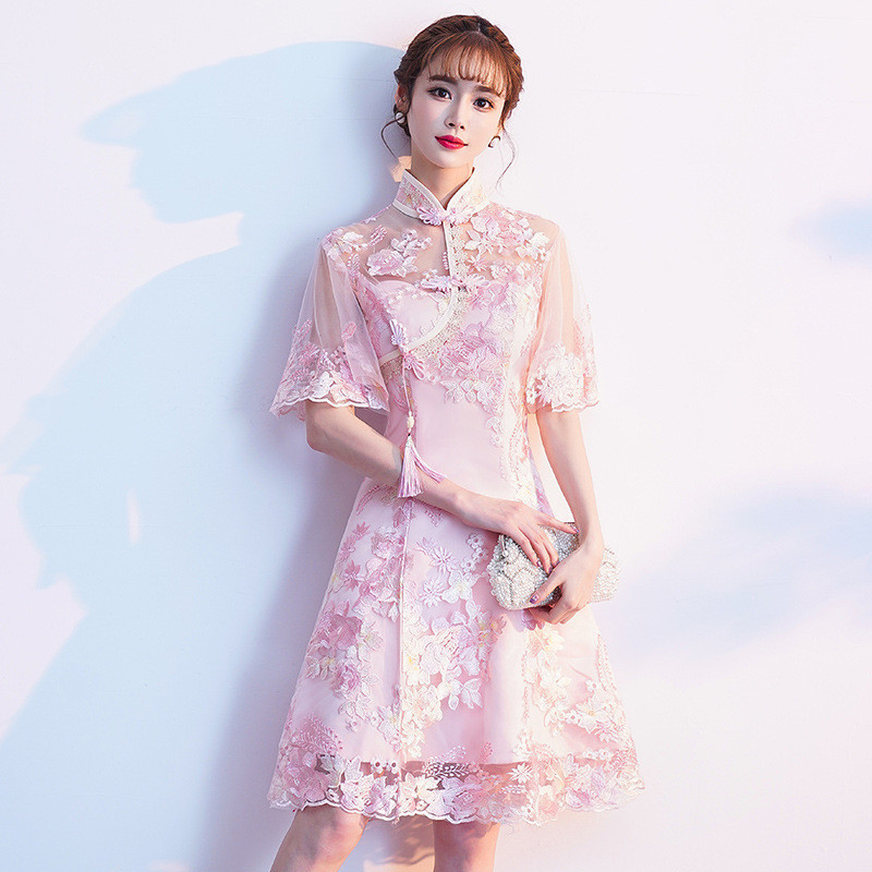日常蕾絲改良旗袍年輕款少女新式洋裝夏季小清新短版性感中國風