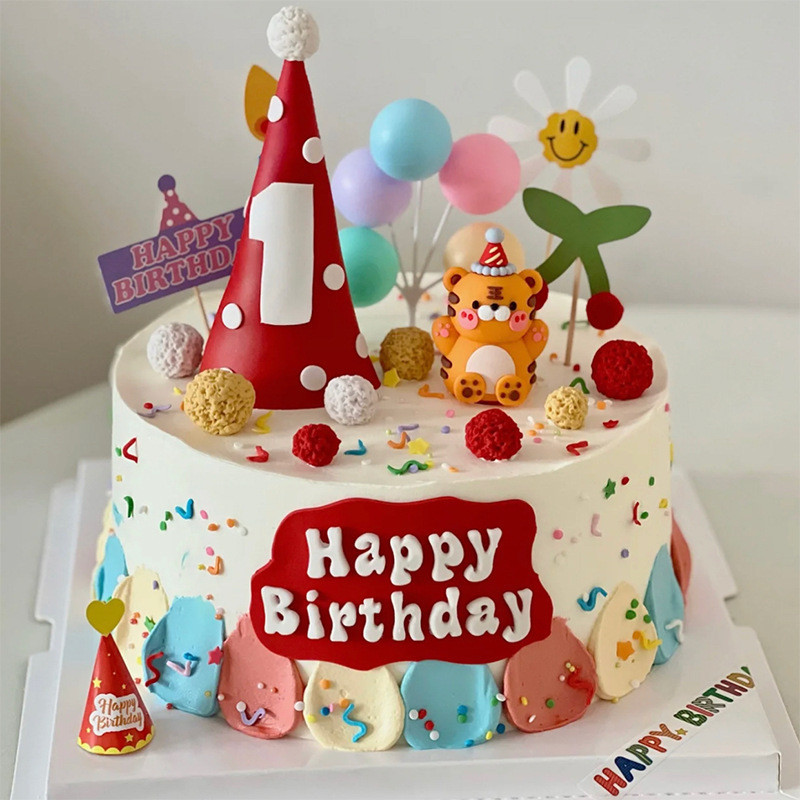 網紅生日帽蛋糕裝飾紅色帽子1週歲寶寶生日蛋糕插牌插件插旗擺件