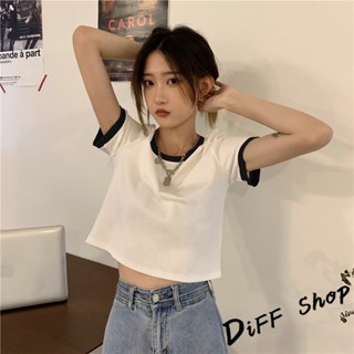 【現貨速發】 【DIFF】韓版拼接撞色高腰短版上衣 短袖上衣 短袖t恤 女裝 顯瘦上衣 衣服 寬鬆上衣 素T 短板上衣【
