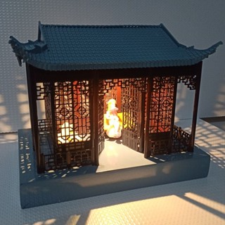 動感中國風燈光精緻古風擺件裝飾建築模型成品手工小屋