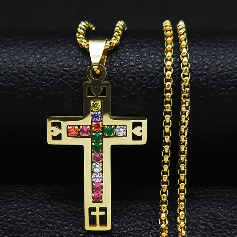 鑲鑽十字架項鍊 歐美彩色滿鑽十字架鈦鋼項鍊 不鏽鋼熱賣嘻哈高級個性毛衣鏈