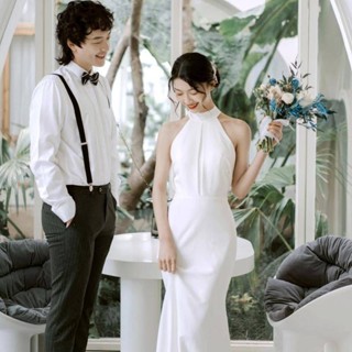 晚禮服 晚禮服洋裝 正式洋裝禮服 洋裝 輕婚紗 白色紗 法式輕婚紗 百搭必備款簡約氣質 緞面掛脖禮服 超仙旅拍出門百搭必