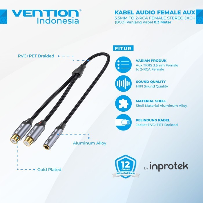 Vention 音頻線母頭輔助 3.5 毫米轉 2-RCA 母頭立體聲插孔