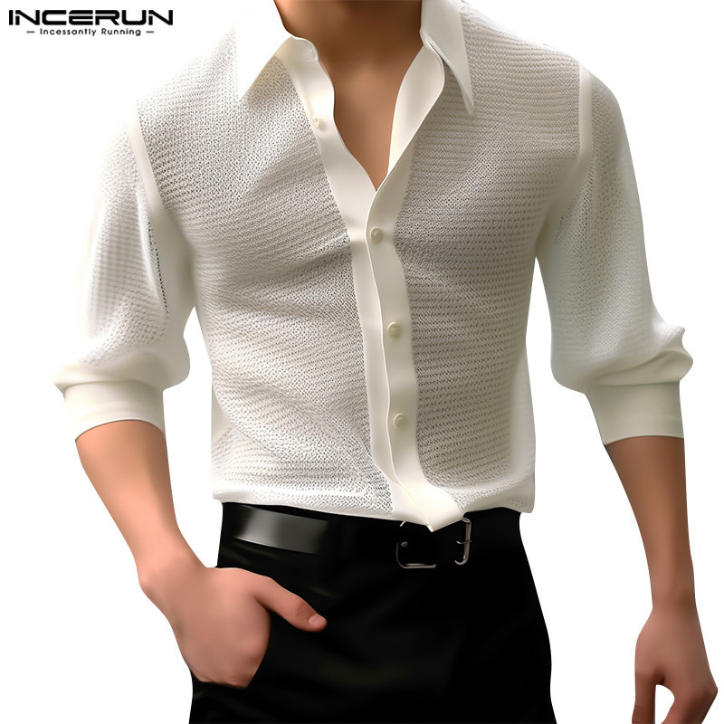 Incerun 男士韓版日常時尚純色長袖襯衫