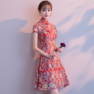 中式改良旗袍2024夏款復古新娘敬酒服短版禮服中國風洋裝少女