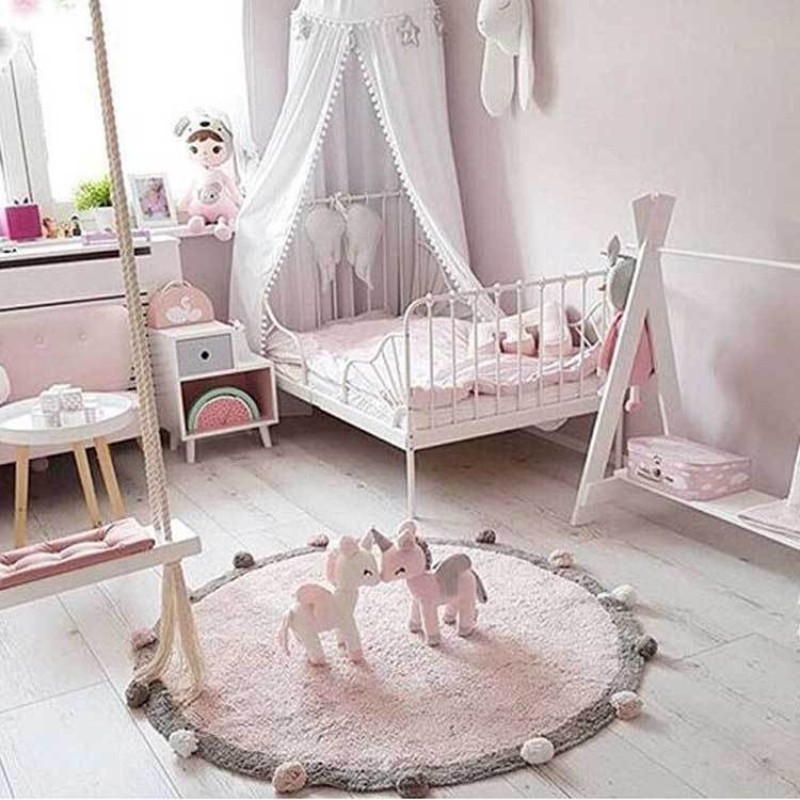 植絨兒童棉製毛球圓形地墊 電腦椅腳墊 兒童房玩具房床前地毯