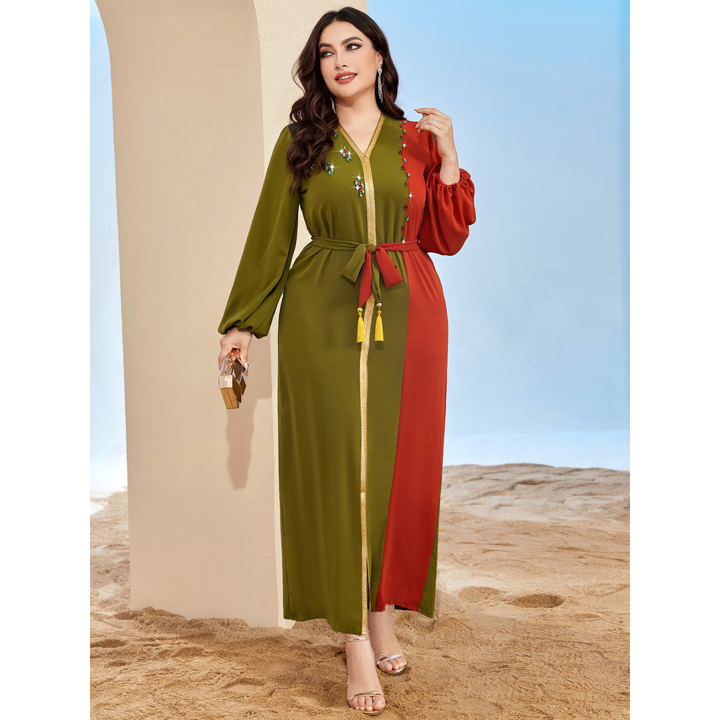 ✨24小時出貨✨BA3061新款軍綠拼接橙紅色V領洋裝歐美中東時尚知性女裝