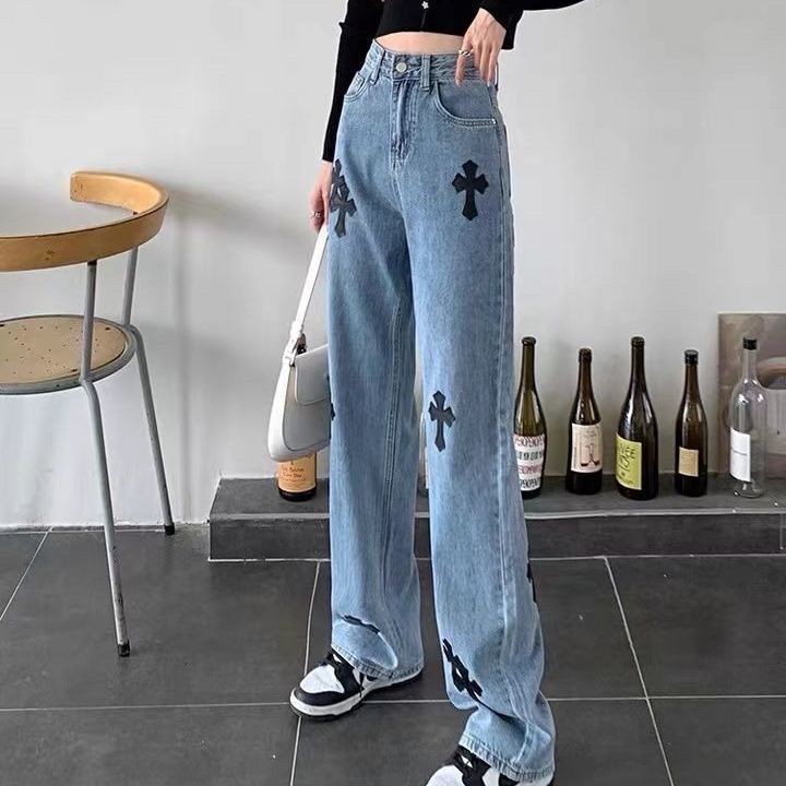 Chrome Hearts 時尚女式牛仔褲 2024 新款寬鬆流行高腰修身 Ins 風格直筒拖地褲