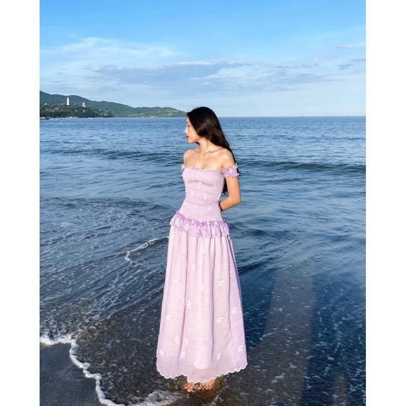 M870 - 真絲超長連衣裙刺繡花朵蕾絲荷葉邊長肩連衣裙,適合海灘旅行