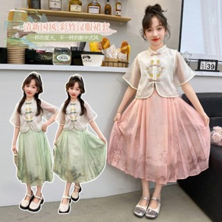 JiaYin家の女童馬面裙套裝2024夏款新款新中式兒童童裝復古國風漢服裙兩件