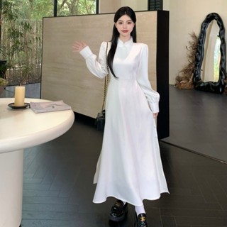 M-4XL 新中式改良旗袍連身裙 白色禮服長裙 大尺碼女裝 大碼洋裝 梨形身材 顯瘦洋裝 白色洋裝