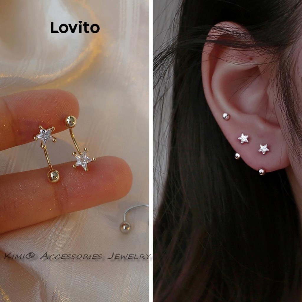 Lovito 女士休閒素色星星珍珠鋯石耳環 LCS06265