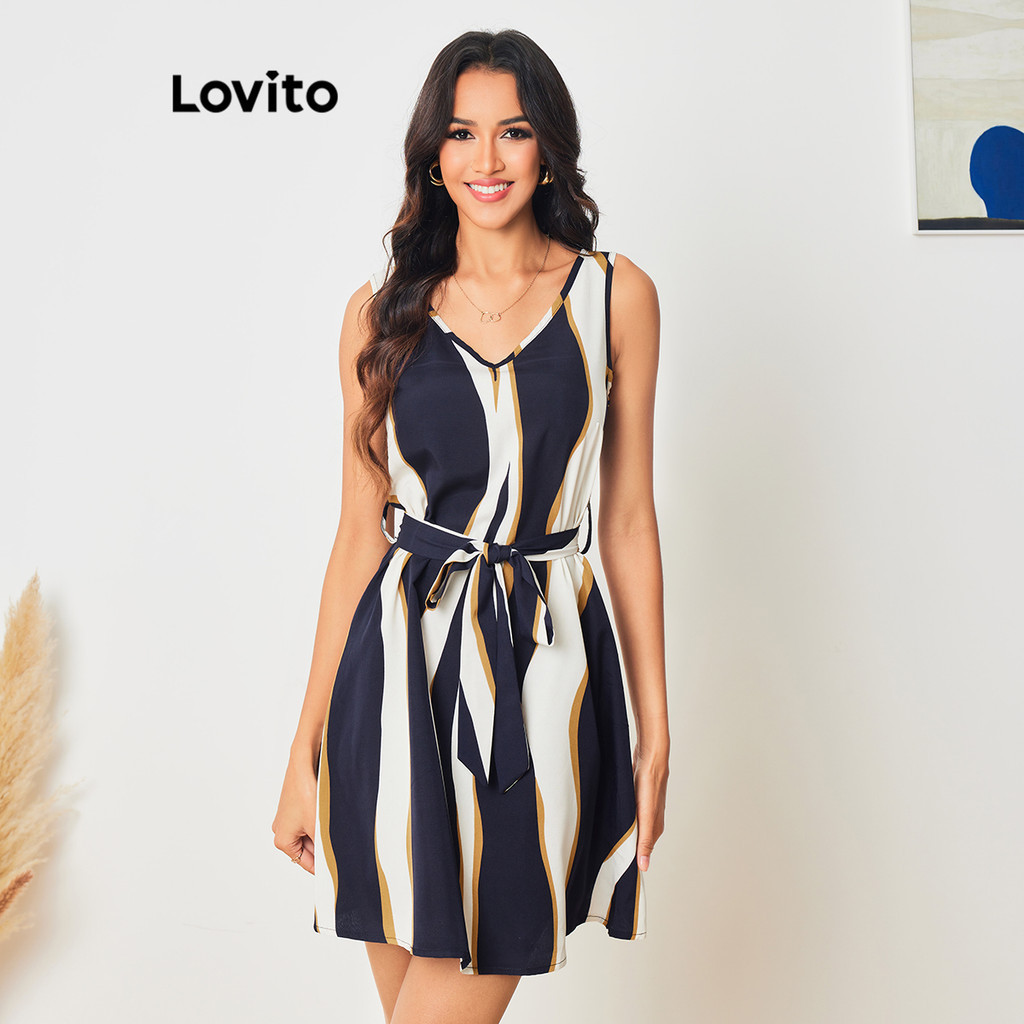 Lovito 優雅幾何抽繩女式幾何連身裙 LBL08148