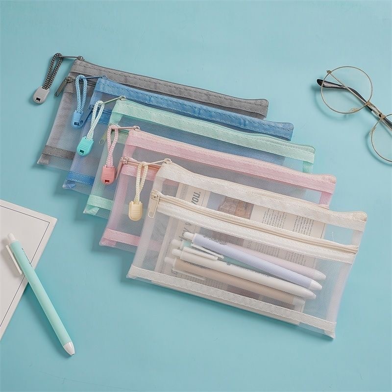 筆包包透明筆袋學生初考試專用筆袋雙層分隔尼龍網紗簡約拉鍊文具袋