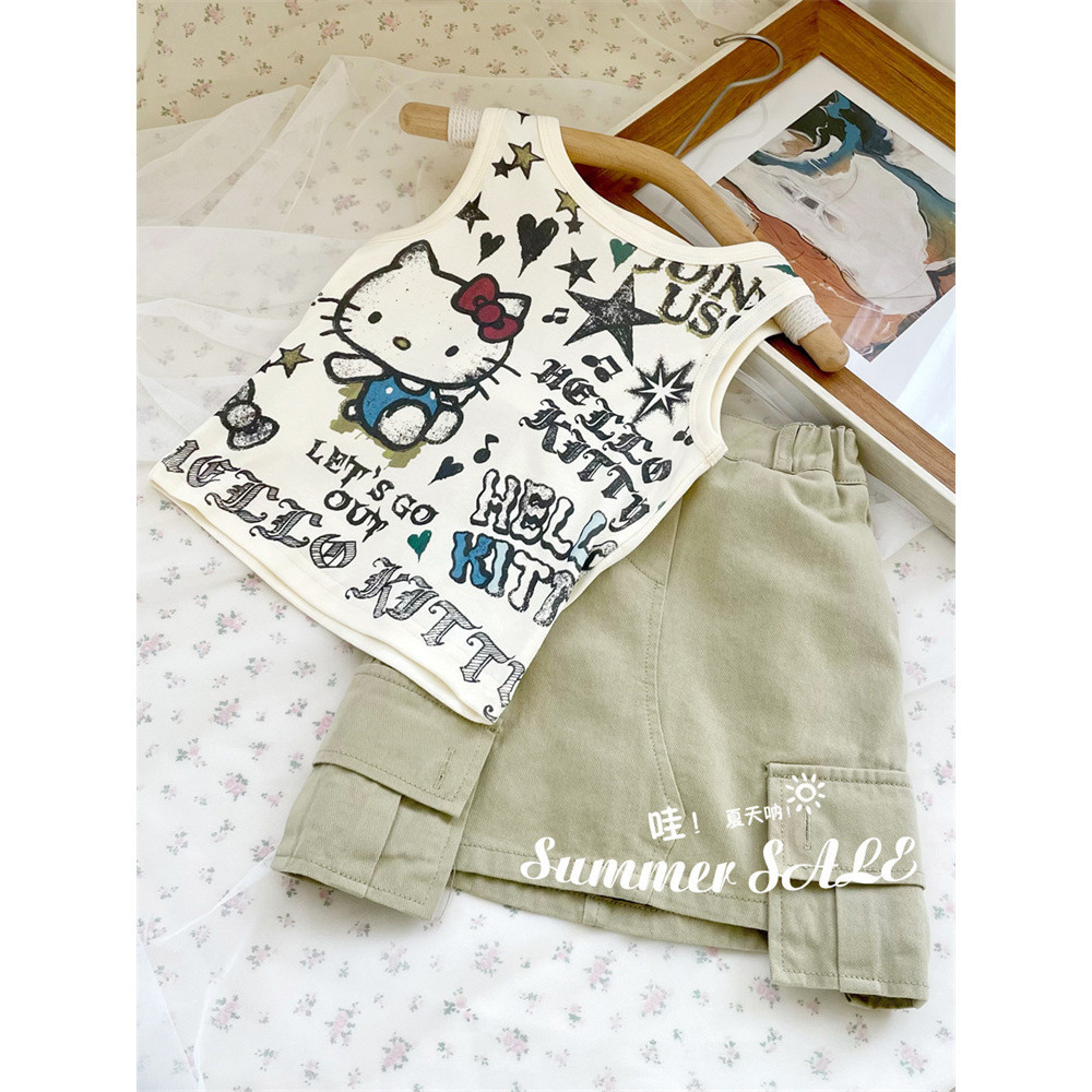 ✨HIKIDS✨韓國童裝 女童夏季新款潮牌凱蒂貓針織背心套裝 百搭工裝裙 女寶洋氣兩件套