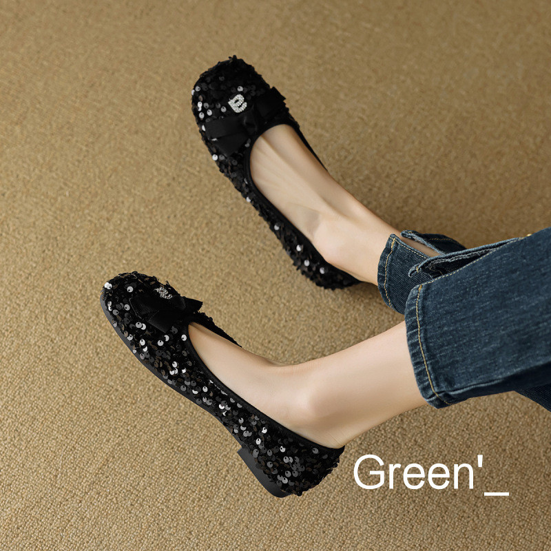 Green' 蝴蝶結娃娃鞋銀色亮片淺口平底包鞋穆勒鞋大尺碼女鞋35-43