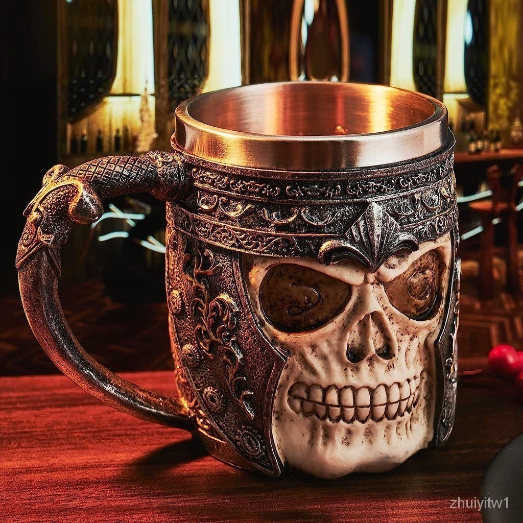 海賊王杯子創意骷髏男士家用杯騎士馬克杯不鏽鋼樹脂裝飾擺件咖啡WJ