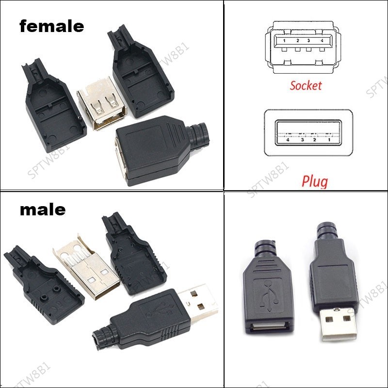 Type-a DIY 套件公母 USB 4 針插頭插座連接器,帶黑色塑料蓋 TW8B1