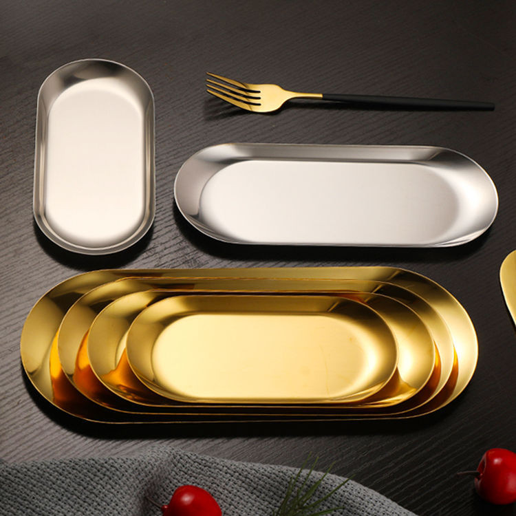 ⋞小吃盤子⋟現貨 長方形  托盤  不鏽鋼橢圓盤韓系料理金色甜品盤首飾收納毛巾  托盤