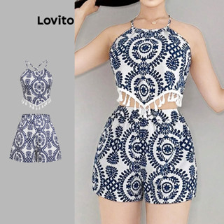 Lovito 波西米亞短褲套裝夏季部落印花流蘇交叉上衣或下裝（女士適用） L120ED447