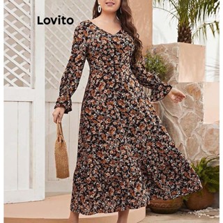 Lovito 大尺碼優雅小碎花圖案女式荷葉邊下擺洋裝 LSL01041