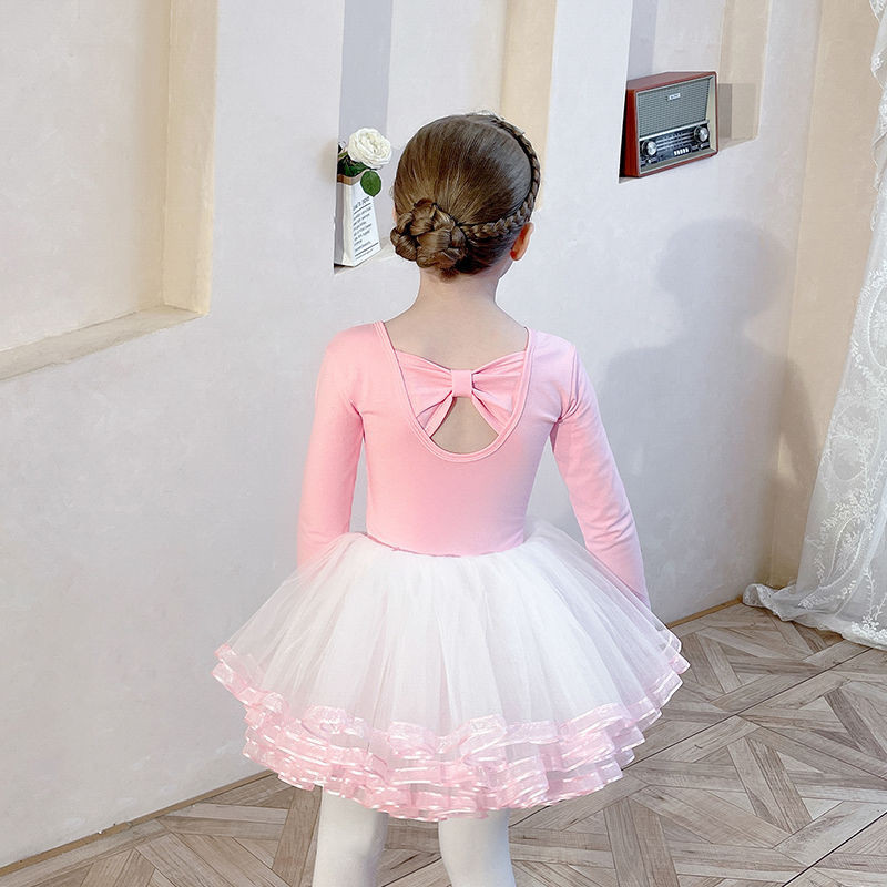 考級服表演服練功服兒童舞蹈服長袖粉色舞蹈半身裙白色紗裙女童練功服芭蕾舞裙