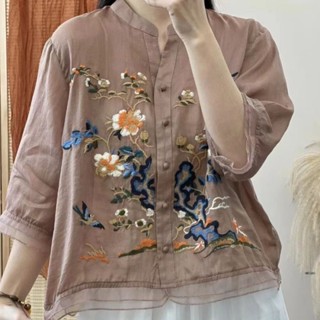 夏季新款品質刺繡棉麻上衣女 中式拼接鈕扣襯衫