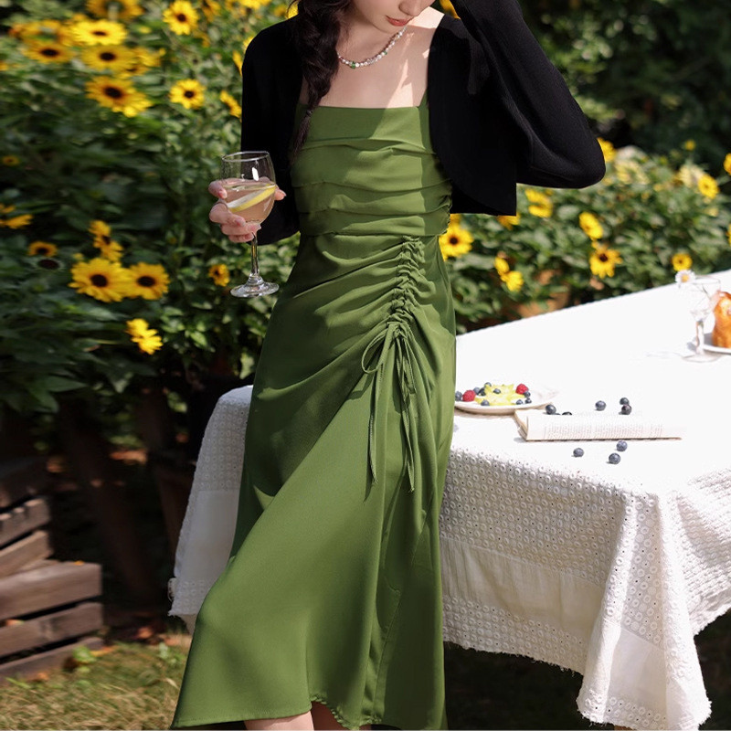 T546 日韓酪梨綠小可愛洋裝中長款仙女法式設計感初戀裙子