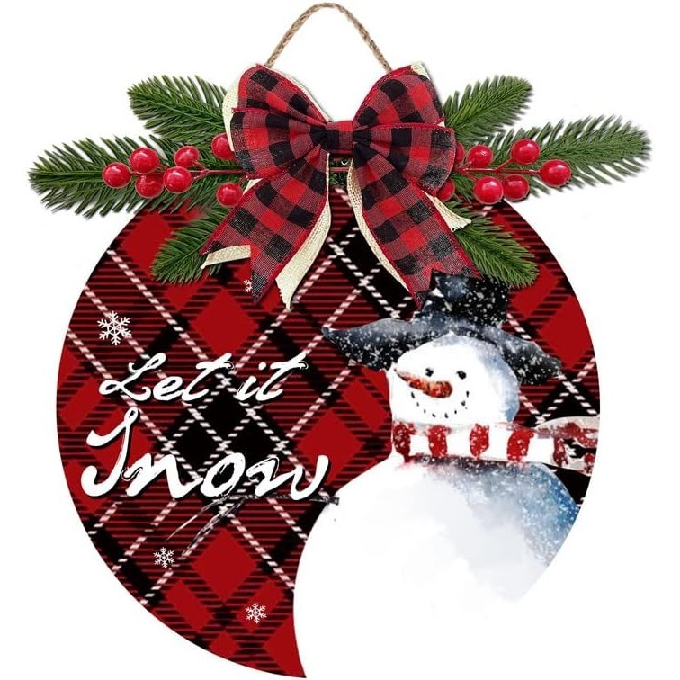 聖誕雪人前門裝飾讓它下雪門標誌雪人木門裝飾聖誕木製前門標誌聖誕新年家庭農舍12x12 英寸