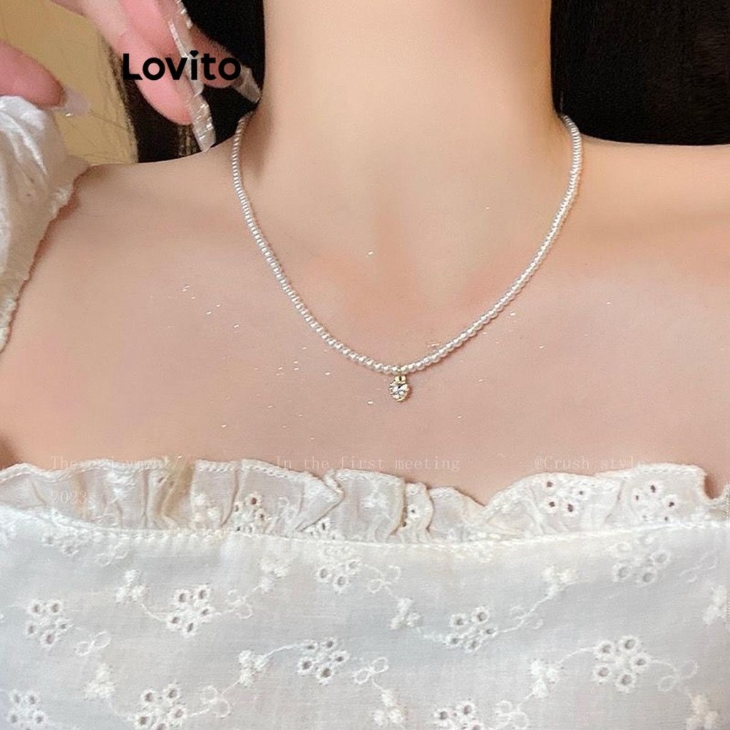 Lovito 女士休閒心形水鑽珍珠項鍊 LFA21072