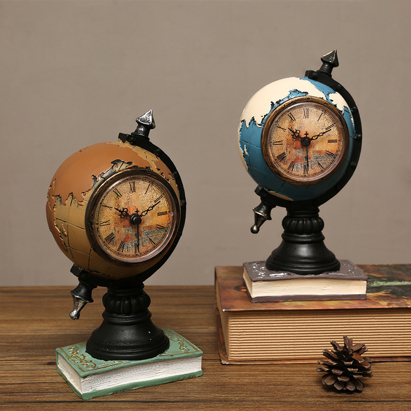 現貨復古時鐘客廳時鐘歐美式創意球形擺件家居客廳辦公室內書房桌面家裝飾品時鐘擺設靜音時鐘
