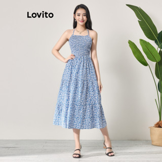 Lovito 女款休閒碎花縮褶疊層洋裝 LBL06097 (淺藍色)