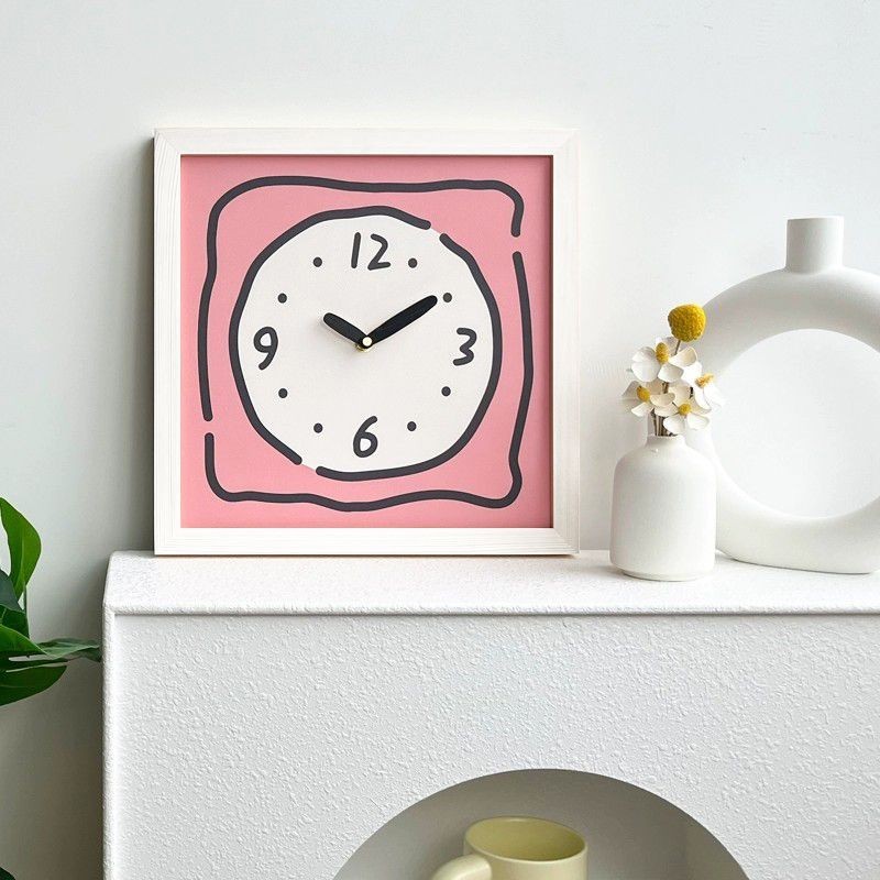 [PEARYEE] 日式畫框方形掛鐘 卡通藝術靜音時鐘 座鐘 免打孔 原木風裝飾可愛鐘錶