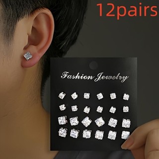 四爪水晶鋯石方形耳環套裝白鑽時尚12對組合卡片耳環