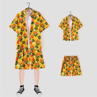M-3xl 中性夏季短袖度假套裝男士韓式夏威夷裝領花襯衫和寬鬆休閒短褲黃色沙灘套裝