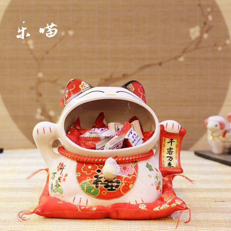 7寸大嘴陶瓷貓糖果罐新年家居裝飾喬遷店鋪擺件日式招財貓