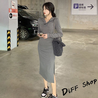 【現貨速發】 【DIFF】韓版基本款包臀開叉連帽收腰顯瘦連衣裙 連衣裙 長裙 長袖上衣 女裝 衣服 顯瘦上衣 長袖t恤【