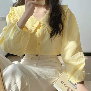 奶黃色長袖襯衫女chic法式復古娃娃領上衣設計感娃娃領襯衫