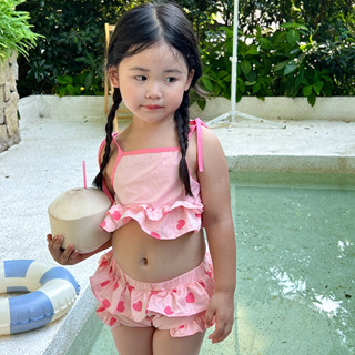 女童夏季新款愛心花邊吊帶分體泳衣寶寶時尚甜美海邊度假泳裝套裝