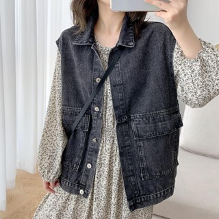 牛仔 馬甲 女 短款 2024 春秋 新款 寬鬆 大口袋 無袖 夾克 修身 系帶 背心 上衣