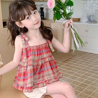 女童套裝 夏天 女童 套裝 韓版女童夏裝新款中兒童格子娃娃衫女寶寶吊帶衫洋氣親子裝洋裝