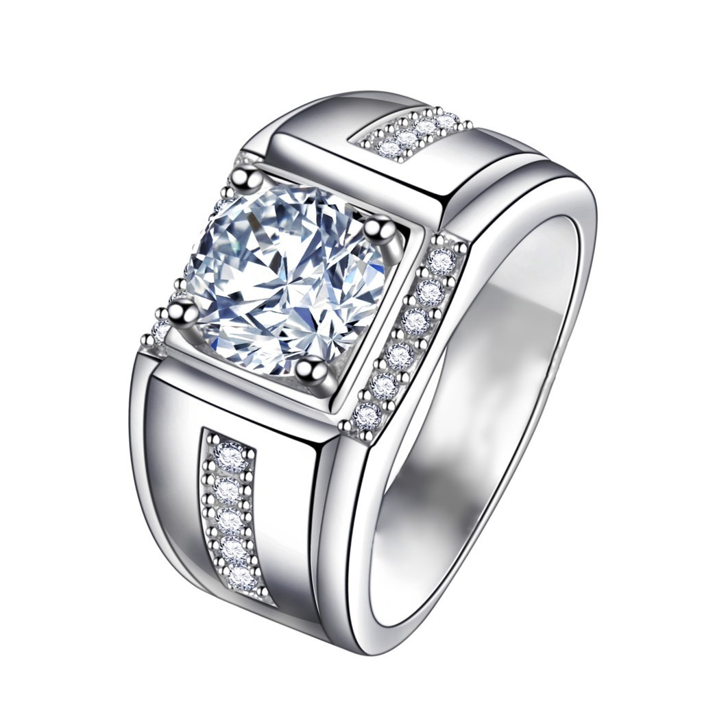新款男士戒指 時尚男戒指 歐美熱賣滿鑽仿莫桑鑽石戒指換 2克拉四爪鑲嵌活口高碳鑽訂婚戒指
