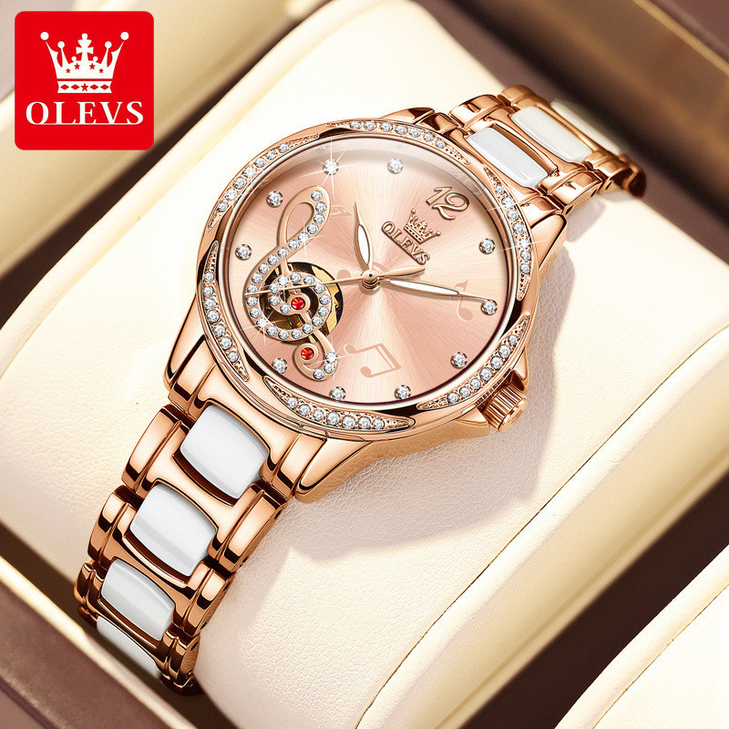 腕錶現貨禮物時尚休閒陶瓷全自動機械錶鑲鑽音符字面熱銷女士手錶防水女表